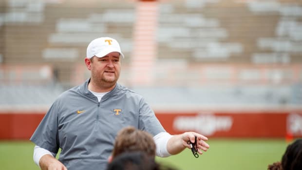 KNOXVILLE, TN - August 12, 2021 - Head Coach Josh Heupel of the Tennessee Volunteers during 2021 Fall Camp practice in Neyland Stadium in Knoxville, TN. Photo By Caleb Jones/Tennessee Athletics